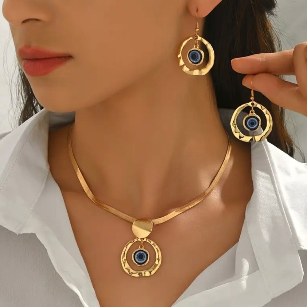 Gold Plated Evil Eye Necklace And Earrings Set
